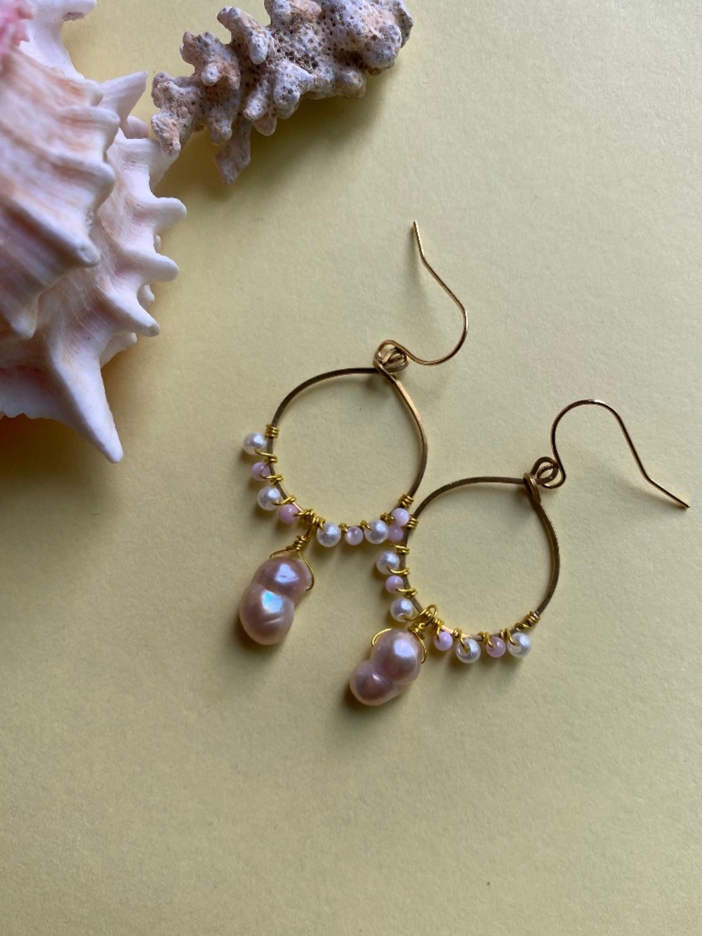 Hoop Earrings with Double Nugget Pearl with Shell Beads & Faux Pearl
